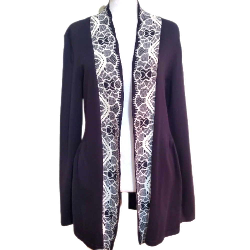 Christopher & Banks 100% cotton black cream open front cardigan knit sweater M